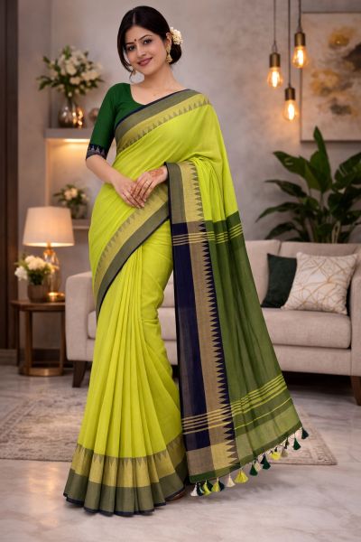 Mint Green Pure Handloom Cotton Saree From Bengal