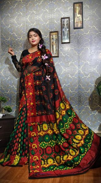 Black and Red Dhakai Jamdani Flower Design saree From Bengal