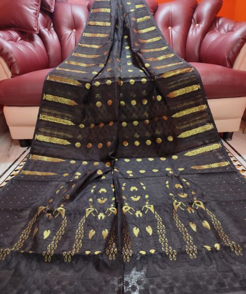 Black Dhakai Jamdani Butta Pattern Saree From Bengal