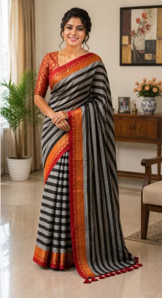 Black And Gray Pure Handloom Cotton Saree From Bengal