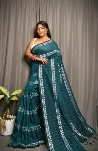 kalpesh Sea Green Pure Handloom Cotton Saree From Bengal