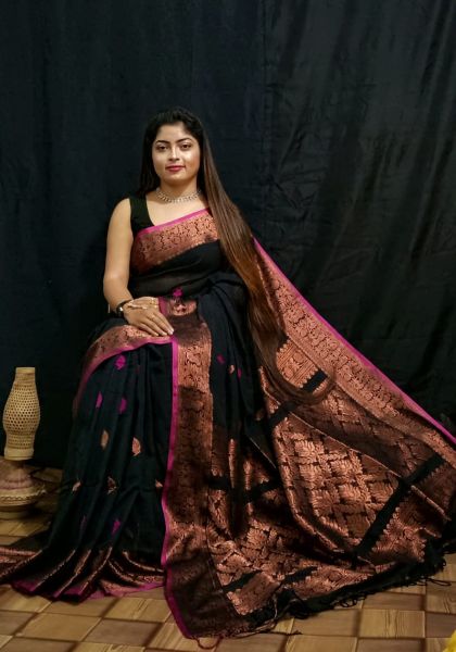 Black Pure Handloom Kopar Cotton Banarasi Saree