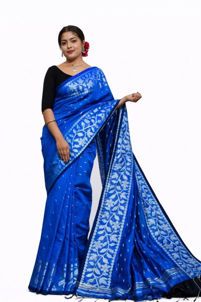 Blue Silk Cotton Pure Handloom Saree From Bengal