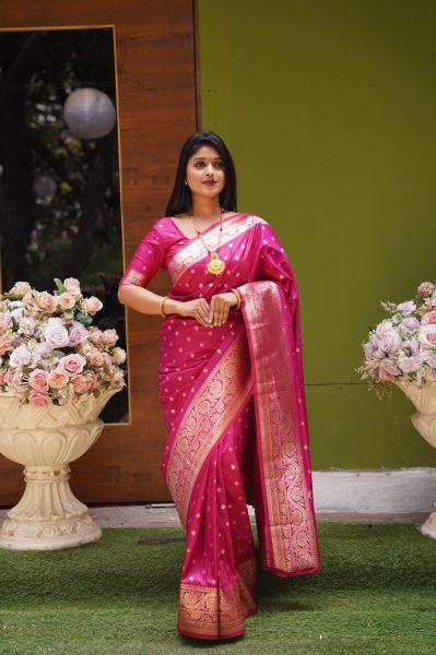 Pink Katan Silk Body Butta Design Saree From Bengal