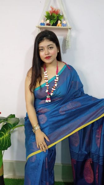 Blue Silk Cotton Handloom Saree From Bengal