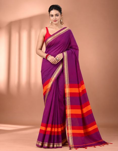 Magenta Organic Pure Handloom Cotton Saree From Bengal