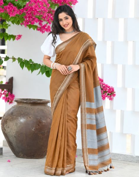 Brown Organic Pure Handloom Cotton Saree From Bengal
