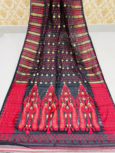 Black Dhakai Jamdani Butta Pattern Saree From Bengal