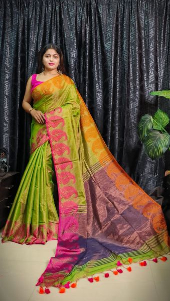 Green Pure Handloom Tissue Cotton Saree From Bengal