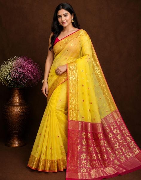 Yellow Pure Handloom Dhakai Jamdani Saree From Bengal