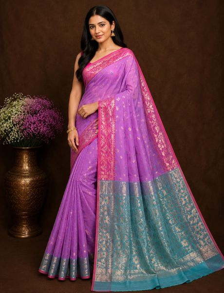 Purple Pure Handloom Dhakai Jamdani Saree From Bengal