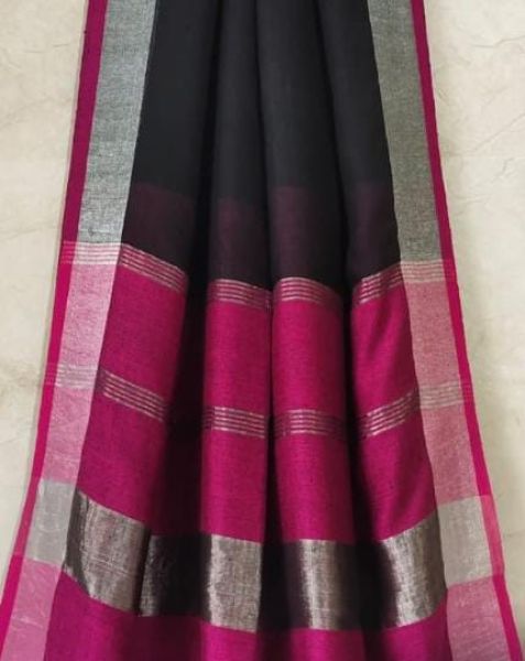 Black Pink Plain Body Pure Handloom Linen Saree