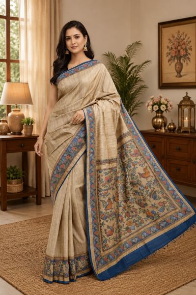 Cream Classic Madhubani Pure Handloom Women Tassar Silk Saree