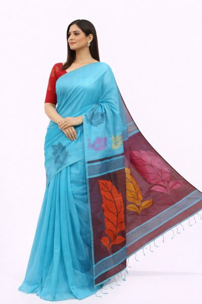 Elegant Sky Blue Handloom Silk Cotton Saree with Magenta Leaf Motif & Blouse
