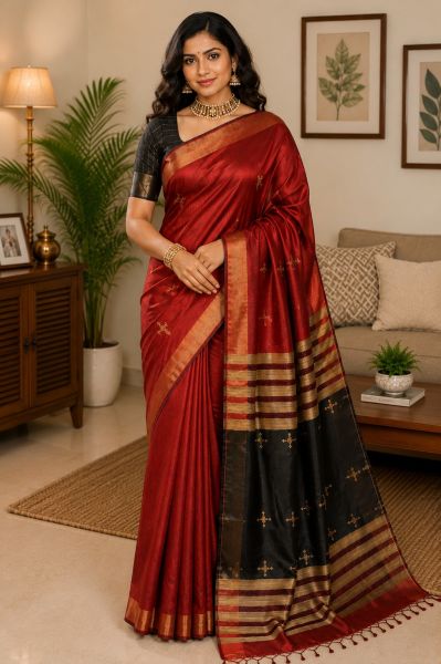 Red Traditional Pure Handloom Dupion Raw Silk Saree From Bhagalpur