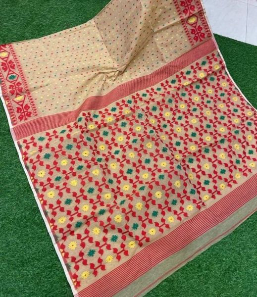 Beige Buti Design Pure Handloom Dhakai Jamdani Saree