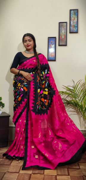 Black Pink Flower Design Pure Handloom Dhakai Jamdani Saree