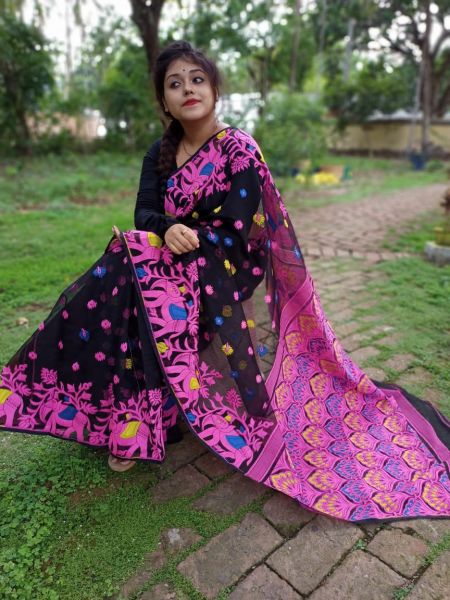 Black Pink Elephant Dhakai Jamdani Resome Saree From Bengal