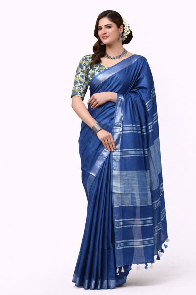 Blue Women's Graceful Pure Linen Saree–Traditional Handloom