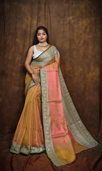 Orange Tissue Handloom Cotton Saree From Bengal