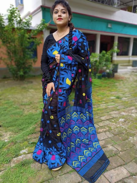 Black Blue Elephant Dhakai Jamdani Resome Saree From Bengal