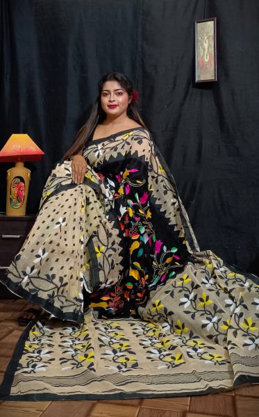 Black Cream Flower Dhakai Jamdani Cotton Saree From Bengal
