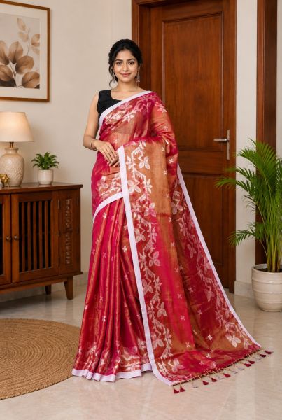Bright Orange Pure handloom Tissue Cotton Saree From Bengal