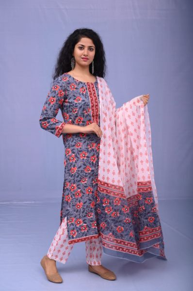 Dark Grey Red Hand Block Printed Cotton Kurti Pant And Mulmul Dupatta