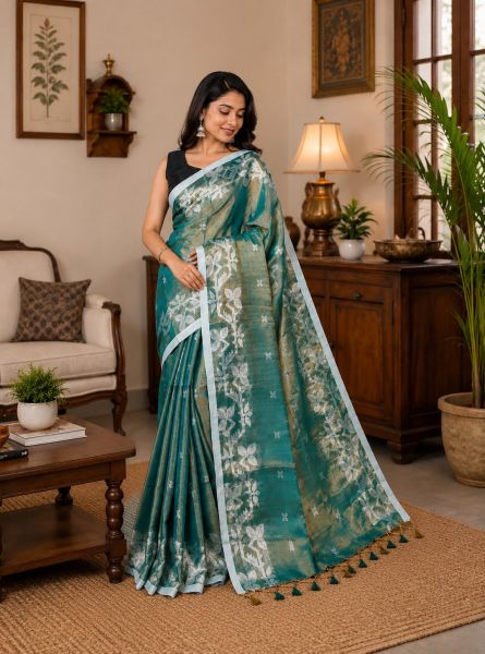 Teal Blue Pure handloom Tissue Cotton Saree From Bengal