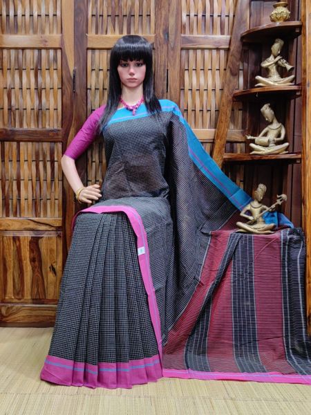 Black Pure Handloom Cotton Saree From Bengal