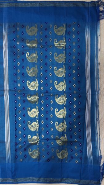 Blue & White Paisley Butta Ikkat Handloom Baha Jamdani Saree