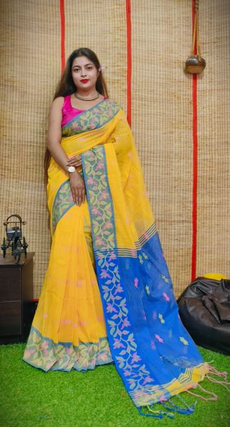 Yellow Blue Butta Design Pure Handloom Jamdani Cotton Saree