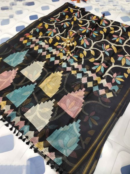 Black Leaf Silk Cotton Saree From Bengal