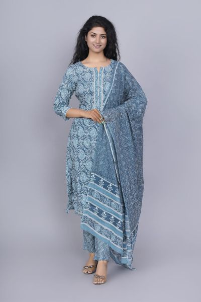Sky Blue Hand Block Printed Cotton Kurti Pant And Mulmul Dupatta