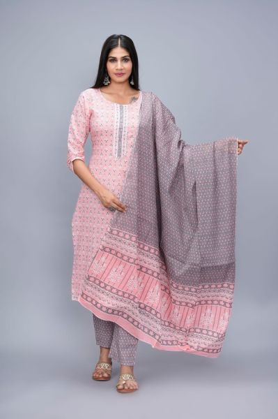 Pink Grey Hand Block Printed Cotton Kurti Pant And Mulmul Dupatta