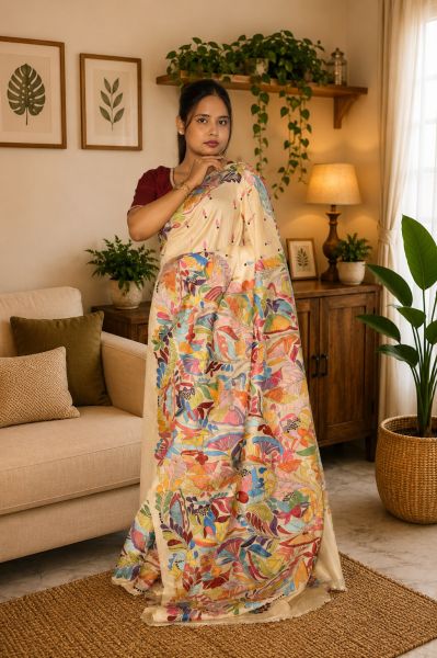 Yellow Pure Tussar Kantha stitch Saree From Bengal With Silk Marki