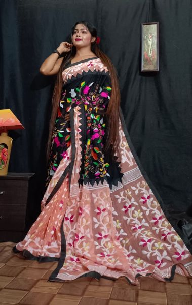 Black Peach Flower Dhakai Jamdani Cotton Saree From Bengal