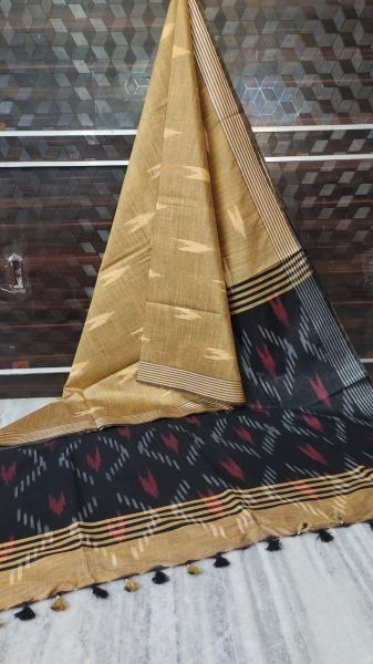 Beige Black Butta Design Pure Handloom Linen Saree