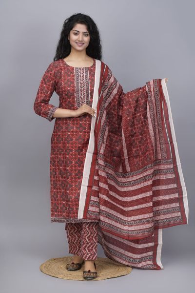 Maroon White Hand Block Printed Cotton Kurti Pant And Mulmul Dupatta