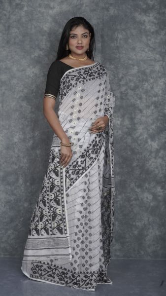 Ash Grey Dhakai Jamdani Pure Handloom Flower Design Saree