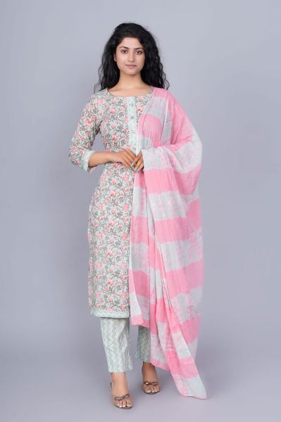 Light Grey Pink Hand Block Printed Cotton Kurti Pant And Mulmul Dupatta