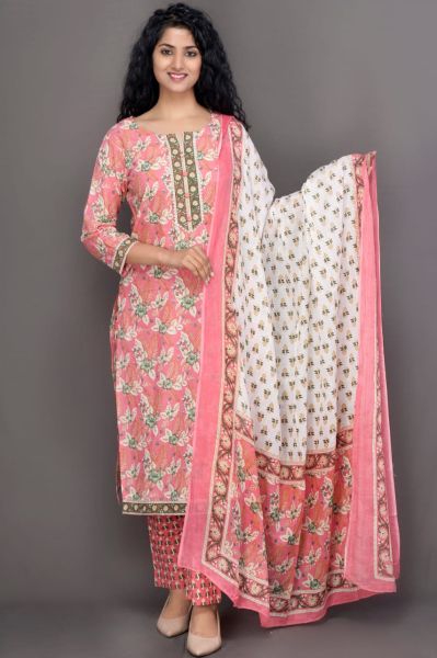 Pink White Hand Block Printed Cotton Kurti Pant And Mulmul Dupatta