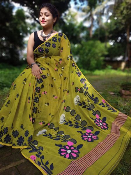Mehndi Green Flower Pure Handloom Cotton Jamdani Saree