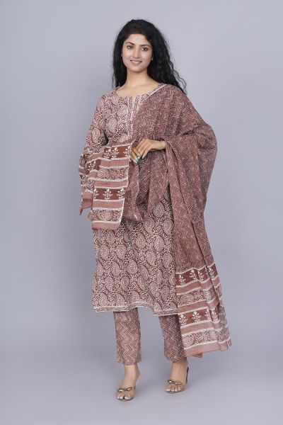 Light Brown Hand Block Printed Cotton Kurti Pant And Mulmul Dupatta
