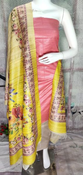 Light Coral Pure Tussar Ghicha Silk Suit With Digital Print Dupatta From Bihar