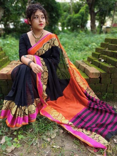 Black Pink Orange Swopnopuri Cotton Saree From Bengal