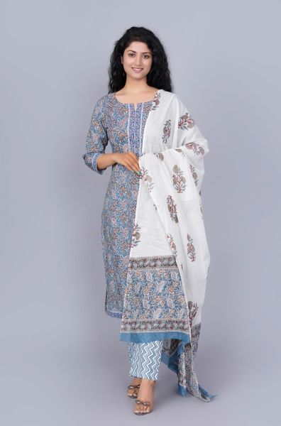 Blue White Hand Block Printed Cotton Kurti Pant And Mulmul Dupatta