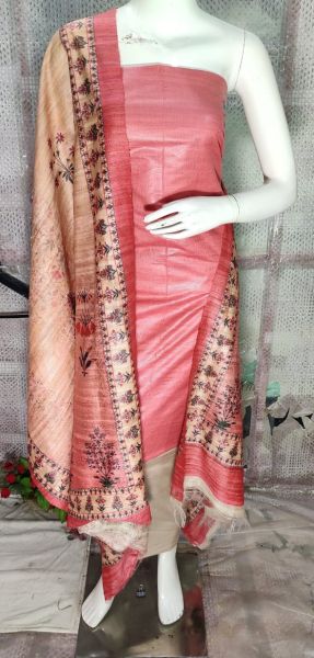 Rose Pink Pure Tussar Ghicha Silk Suit With Digital Print Dupatta From Bihar