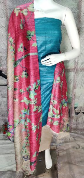 Ocean Blue Leaf Pure Tussar Ghicha Silk Suit With Digital Print Dupatta From Bihar