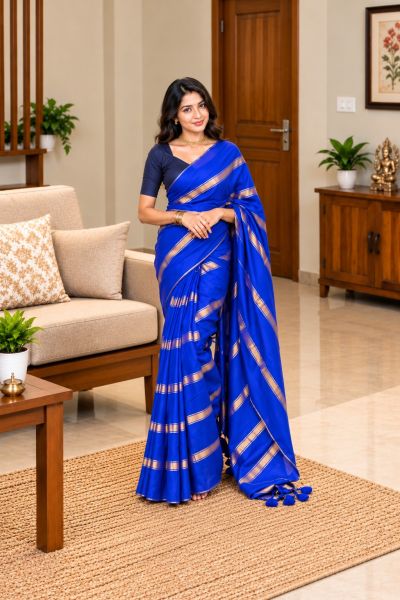 Royal Blue Pure Handloom Mulmul Cotton Saree From Bengal